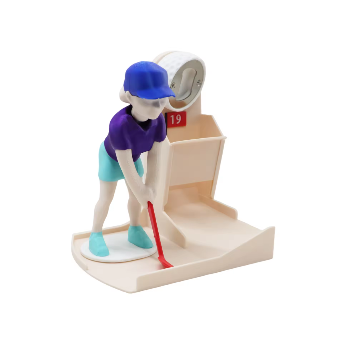 Golf bottle opener game, aqua outfit golfer with red club