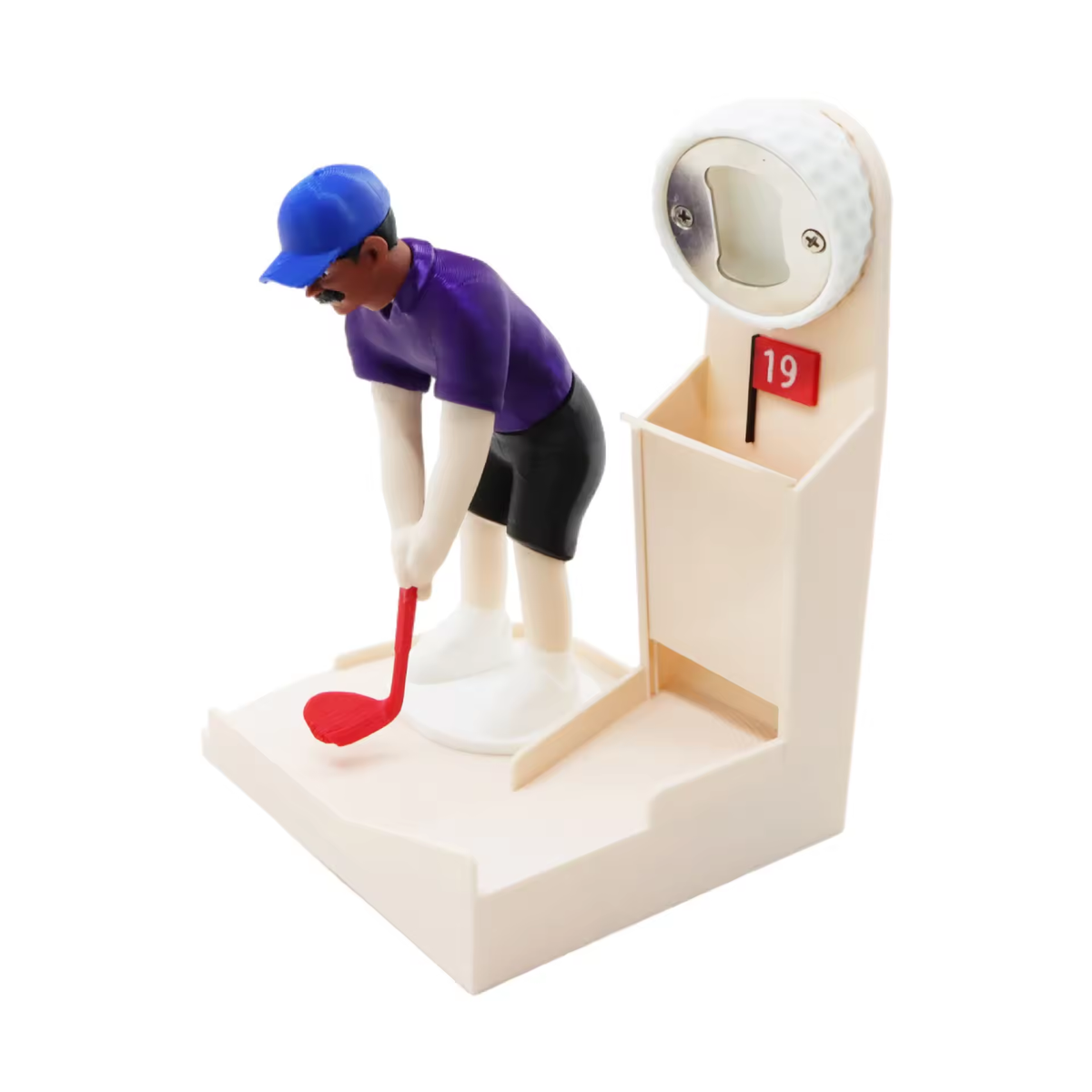 Golf bottle opener game, blue cap golfer with red club
