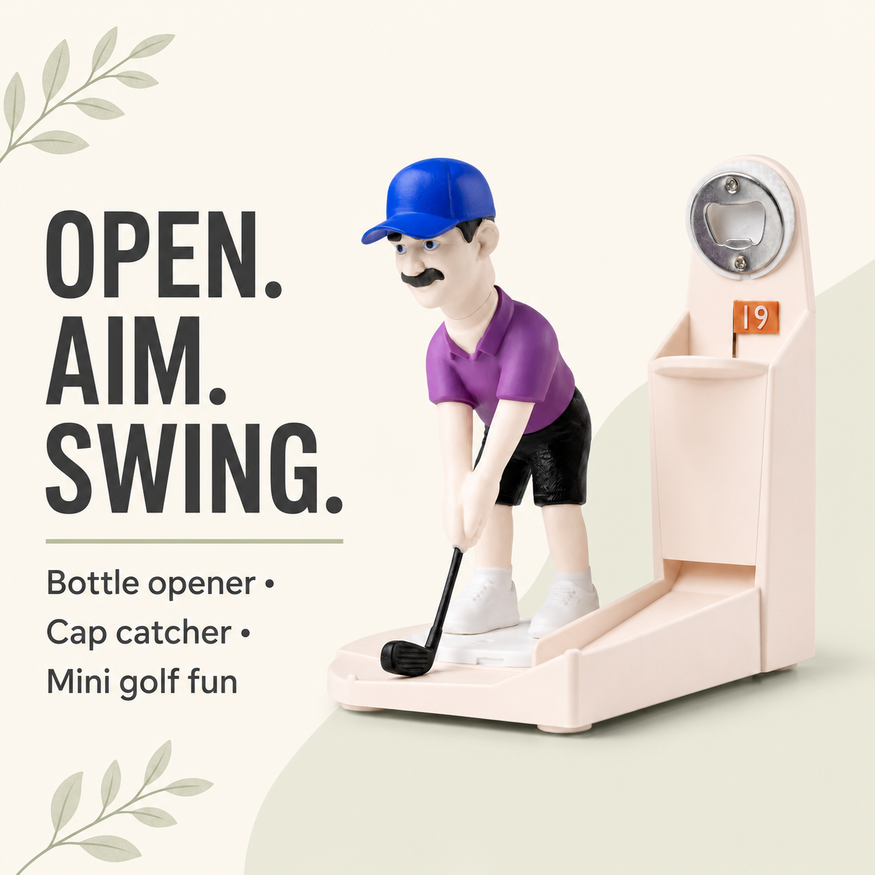 Golf bottle opener game features: bottle opener, cap catcher and mini golf fun