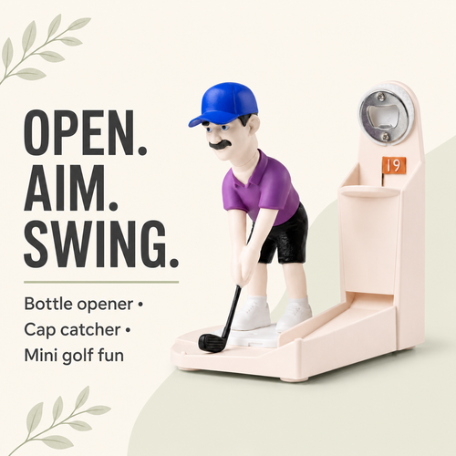 Golf bottle opener game features: bottle opener, cap catcher and mini golf fun