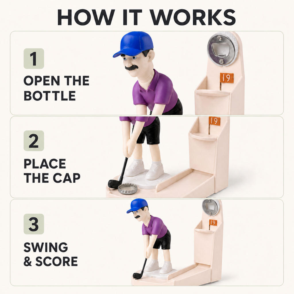 How to use the golf bottle opener game: open the bottle, place the cap beside the club head, then swing and score