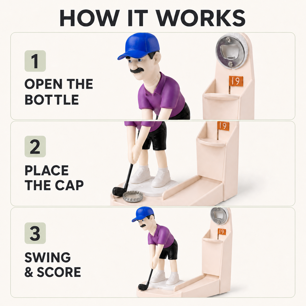 How to use the golf bottle opener game: open the bottle, place the cap beside the club head, then swing and score